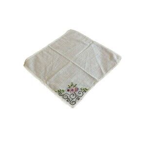 Vintage Hand Embroidered Handkerchief Hanky White Crochet Edge
